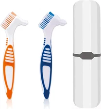 Denture Brush, 2 Pcs False Teeth Toothbrush with White Carrying Case, Multi-Tier