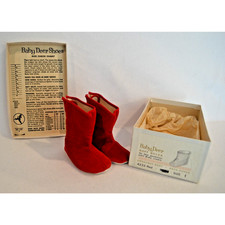 Vintage 60s Baby Deer Shoes Infant Red Corduroy Boots Size 1 Birth - 6 Weeks
