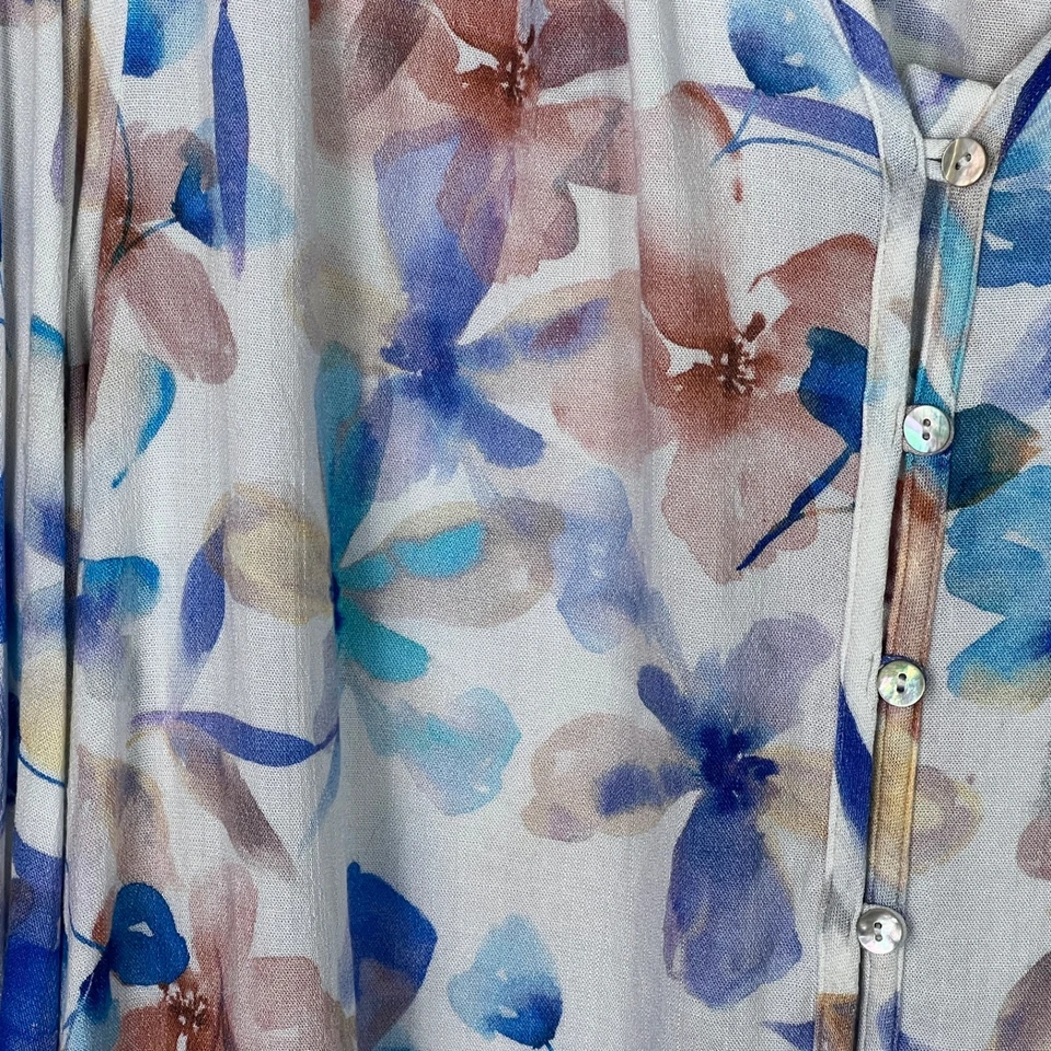 Blusa Bella Dahl Top Mujer M Azul Floral Abotonada Manga Larga Tejida Elástica Foto 3 de 4