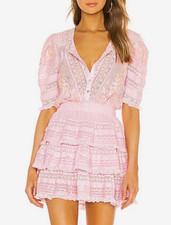LoveShackFancy Pink Floral Smocked Lace Ruffle Mini Quincy Dress V-Neck XS