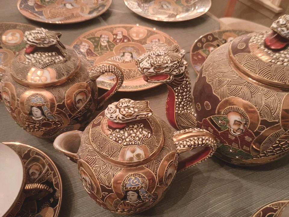 Vintage Japanese Porcelain Ceramic Satsuma Moriage Dragon Ware Tea Set - Image 2 of 4