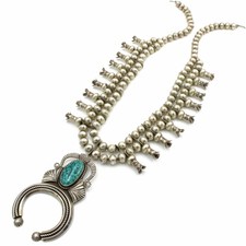 Navajo Signed E. Hale Sterling Turquoise Naja Squash Blossom Necklace #S5503-5