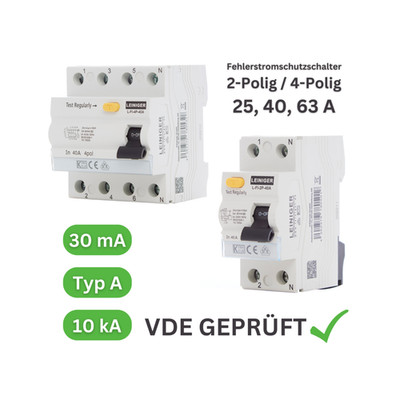 Fehlerstromschutzschalter, FI-Schalter Typ A, 2-polig / 4-polig, 30 mA
