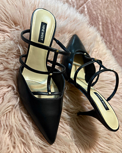 Nine West Women’s 7 Black Solid Strappy Pointed Toe Slip-On Stiletto Heel