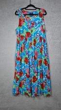 Vintage Carole Little Dress L Button Front Pleated Modest Maxi Boho Blue Tropics