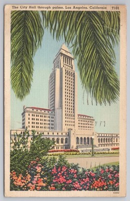 Postkarte Los Angeles Rathaus durch Palmen Kalifornien 1940 gebraucht Mr & Mrs Johnson
