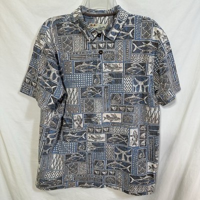 Vintage Crazy Shirts Hawaiian Polo Shirt Medium Aztec Fish AOP Fishing 2 Button