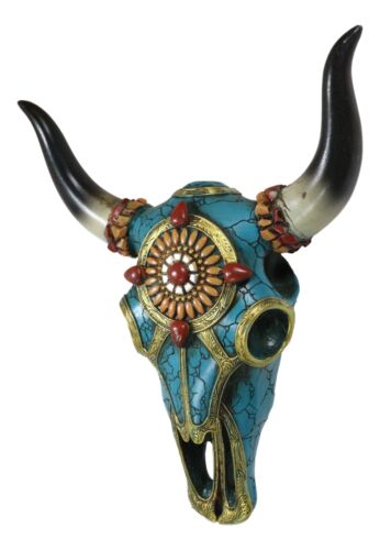 Southwest Steer Bison Cow Aztec Sun Gold And Turquoise Mosaic Skull Wall Decor - 第 7/10 張圖片