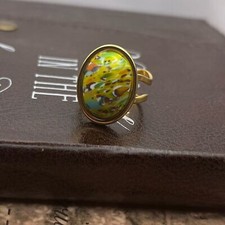Vintage 1970s Yellow Millifiore Oval Stainless Steel Adjustable Ring