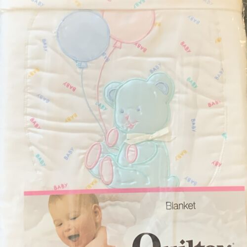 Vtg Quiltex White Satin Trim Baby Blanket Pink & Blue Teddy Bear with Balloons