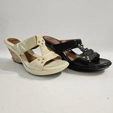 2 Pair Sofft Patent Leather Cork Slide Wedge Sandals Womens 7.5 Black  Cream