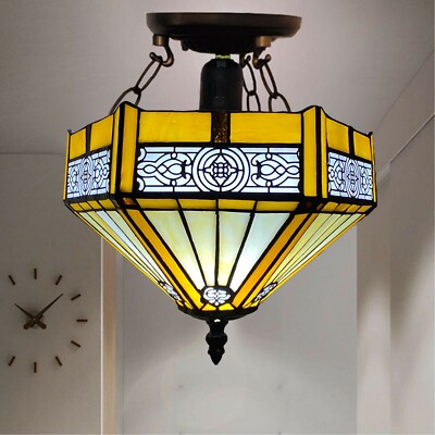 Gelbe Sechseckform Tiffany Deckenlampe 10'' Schirm Buntglas Deckenfluter UK.