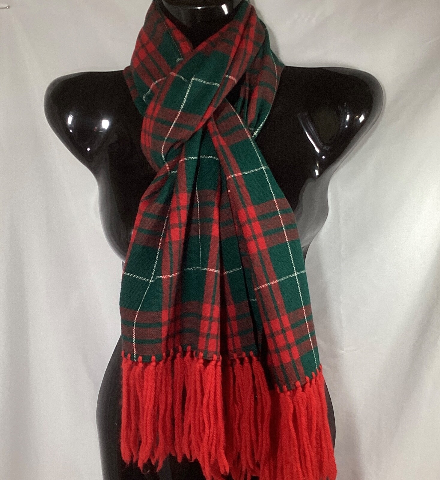 Baar & Beards Vintage Red Green Tartan Plaid Wool Blend Scarf with Fringe