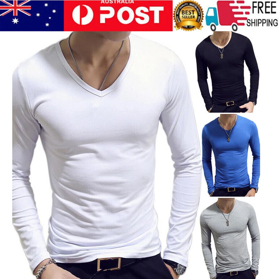 Mens Long Sleeve T-Shirt Comfortable Slim Fit Cotton Tee Plain V Neck Basic Top