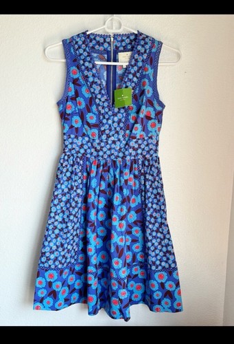 Kate Spade - Blue & Red Floral Print Cotton A-Line Dress W/ Eyelet Trim Sz 00