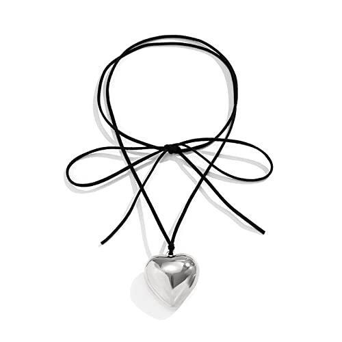 Mullike Chunky Puffy Heart Choker Necklace for Women Big 1.7 in. Silver Heart