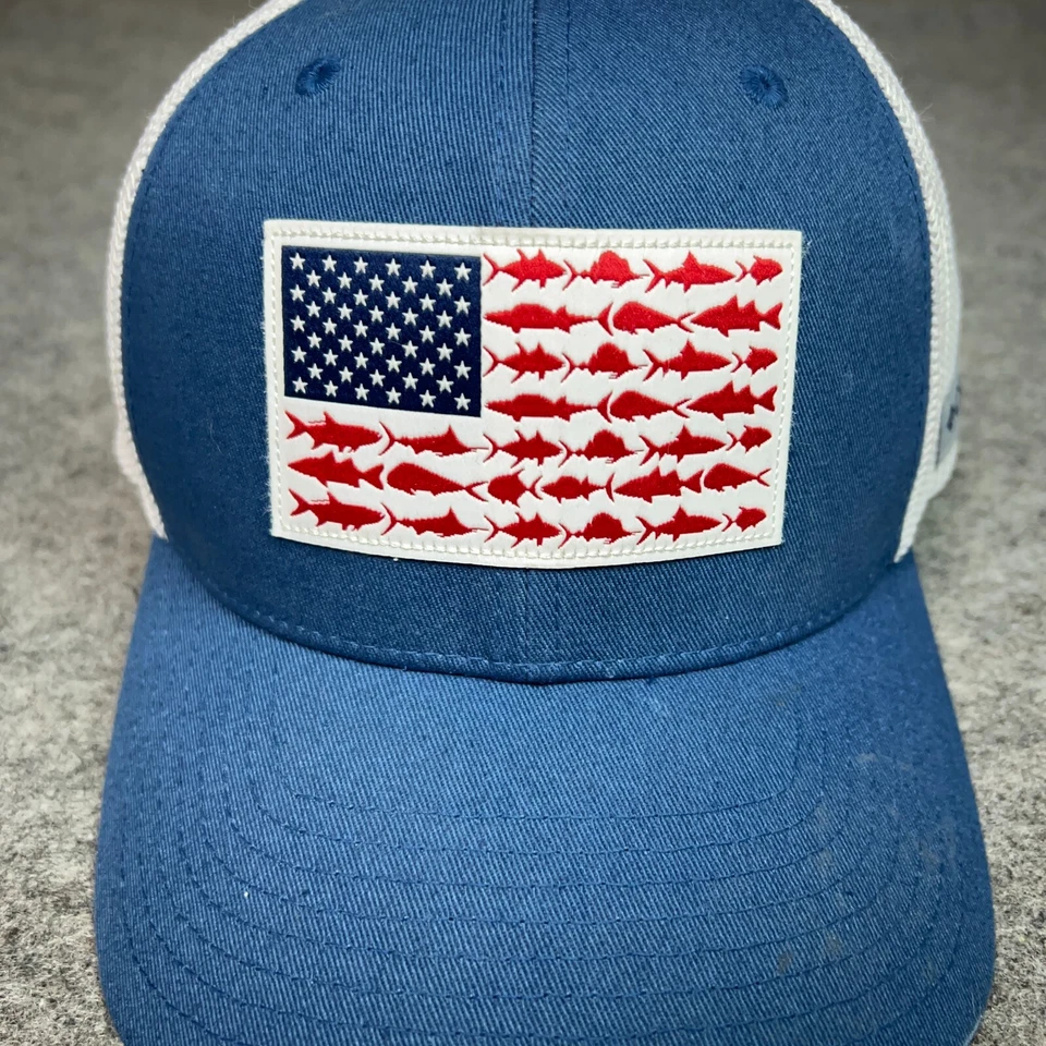 Columbia Mens Hat Cap Large Blue White PFG Flex Fishing USA Flag Gorp Logo - Image 2 of 4
