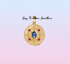 Sapphire With Ruby Medallion Coin Locket, 925 Silver Gold Polish Stacking Locket