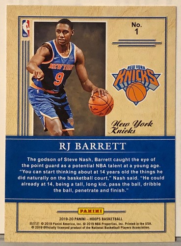 2019 20 Panini NBA Hoops RJ Barrett Class Of 2019 Rookie Rc New York 