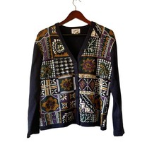 Vintage Patchwork Floral Knit Cardigan Navy Purple Gold Green Size L