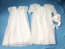 Vintage 4 Pc Christening Gown Slip Jacket  Bonnet Off-White Sheer w Lace 1970s