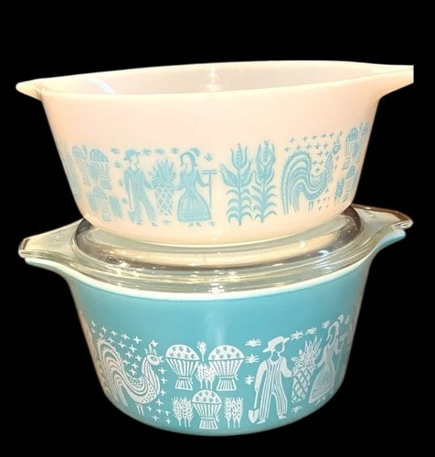 Vtg PYREX Turquoise BUTTERPRINT Amish Casserole Set with Lid #471 & #472