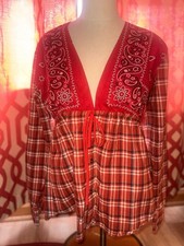 UPCYCLED SMALL Free People x TRICIA FIX plaid and bandana RED tunic top ADORABLE