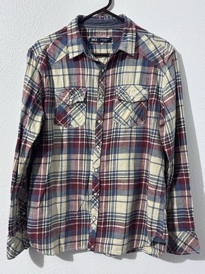 BKE Buckle Mens Lg Plaid Pearl Snap Flannel Shirt Western Rustic Cabin 