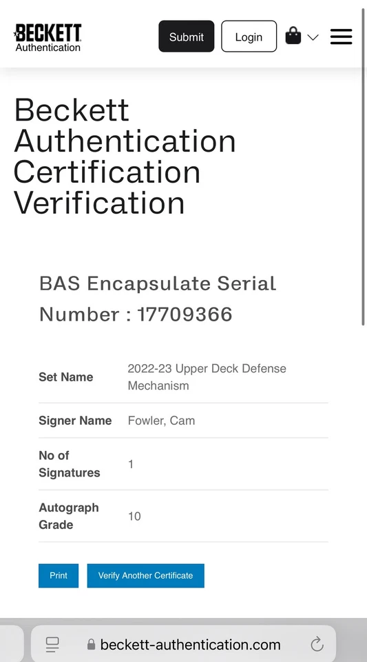 Tarjeta de mecanismo de defensa UD firmada por Cam Fowler losa Beckett BAS IP a Foto 4 de 4