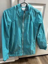 Columbia Youth Girls Turquoise Rain Jacket Size L Full Zip Hooded Lightweight