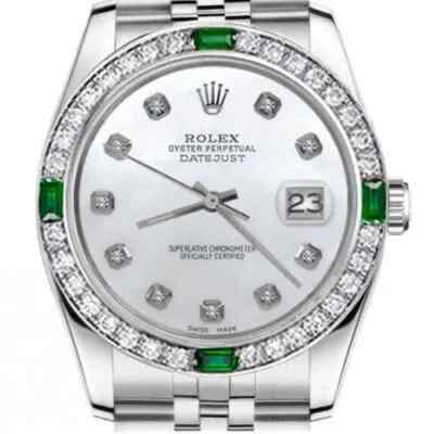 36 mm Rolex Datejust White Mother Of Pearl Diamond Dial Emerald & Diamond Bezel