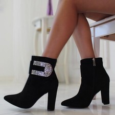 Jeweled Rhinestone Crystal Embellished Pointy Toe Ankle Booties Boot Chunky Heel