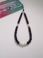 Purple Glass Crystal Faux Pearl Beaded Phone Wrist Strap, Silver Bead, Gift Idea