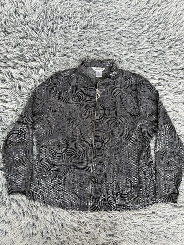 Exclusively Misook Jacket Womens XL Gray Shiny Pailettes Full Zip Sequin Polka - Picture 2 of 7