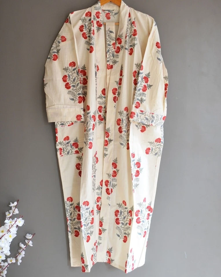 Bata kimono de algodón, bata de dama de honor con estampado de bloques, ropa de dormir de verano, Foto 3 de 4