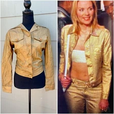 vtg BEREK 2 90s Metallic Gold Linen Flower Button Jacket ASO Samantha Jones SATC