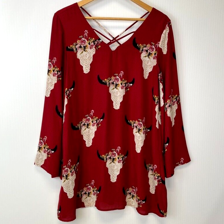 boho skull dress Altar'd State Women Small V Neck Tent Floral Rodeo USA Core Ex Tangerine Red Tiered Boho
