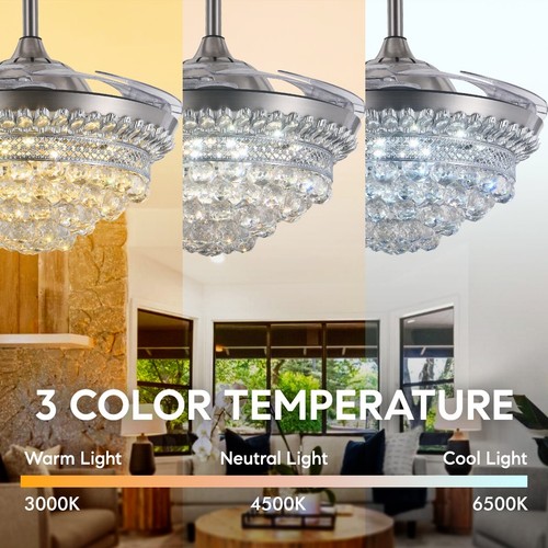 42” Crystal Ceiling Fan Light Retractable Blades LED Chandelier w/Remote Control - Picture 5 of 10