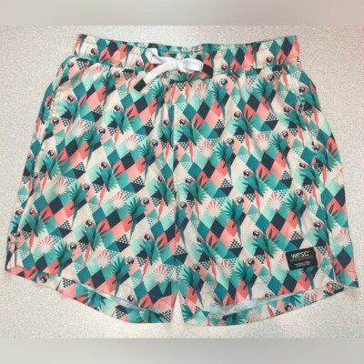 Wesc Men s Swim Trunks Size Medium Green Coral Tropical Geometric Birds