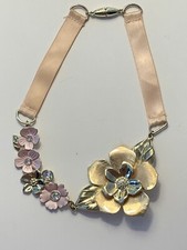 Disney Store London Girls Necklace Pink Ribbon Gold Pink Flowers Princess