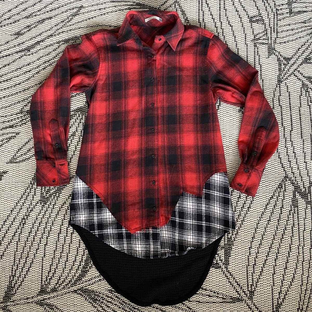 Maude Vivante Flannel Sweater Top XS Womens Buffalo Plaid Mixed Texture Red  Blk