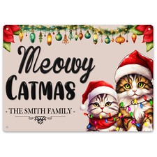 Personalised Meowy Catmas Metal Sign Christmas Family Cats Kittens Wall Plaqu...