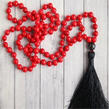 8mm Red Coral Gemstone 108 Beads Tassel mala Necklace Wristband Spirituality