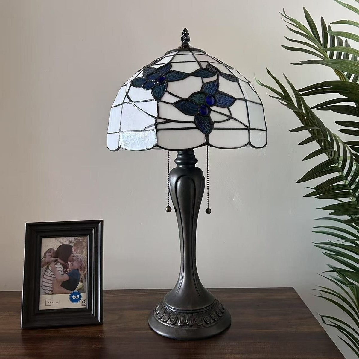 Tiffany Style Table Lamp White Stained Glass Blue Flowers LED