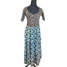 Natural Life Mixed Floral Smocked Long Dress Brown Teal Blue Womens Size Medium