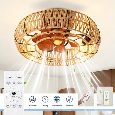 20'' Rope Caged  Flush Mount Ceiling Fan with Light Kit (NOT INCLUDED BULBS)