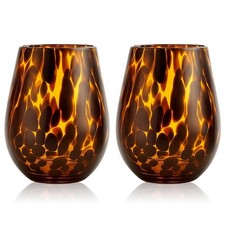 Set of 2 Tortoise Shell Stemless Wine Glasses, 16oz Brown Wine Glasses, Hand