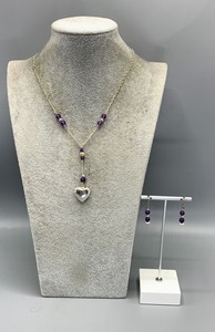 Sterling Silver, Amethyst Beads, Puffed Heart & Matching Hook Dangle Earrings