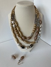 Multi-Strand Gold Tone Beaded Necklace Earrings Set, Glass Acrylic, Gray Beige