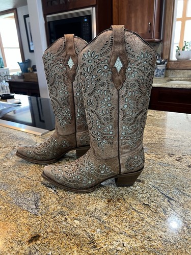 Corral Handcrafted New Women’s Brown Inlay With Sequin Bling Boots Size 8.5